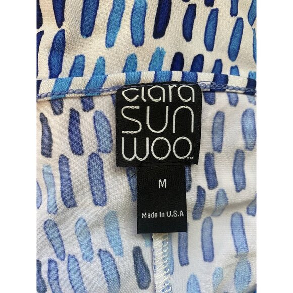 Clara Sun Woo Tunic Top Scoop Keyhole Neck 3/4 Sleeve Blue Printed Stretchy M - Picture 6 of 7